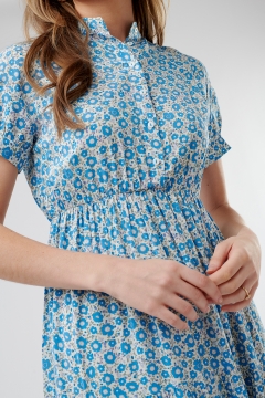 Womens blue and cream short puff sleeve modest dress